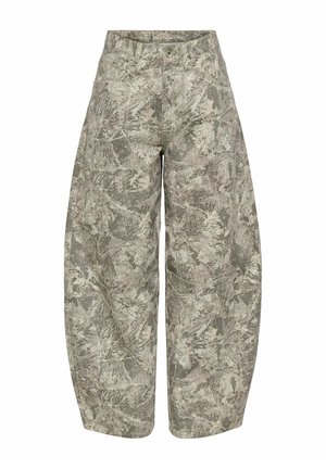 Pantalon taille haute, jambes larges, avec un motif camouflage abstrait gris et beige et des poches avant.