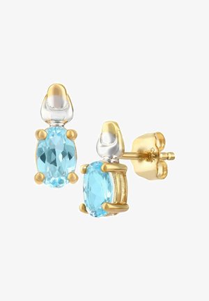 Zlatne i srebrne uške s ovalnim svjetloplavim draguljem, postavljenim u grabu s poliranim završetkom i leptirastom kopčom.