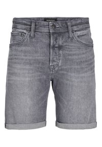 Harmaat farkkushortsit käännetyillä lahkeilla, etupainike, vetoketju ja viisi-taskumalli Jack & Jonesilta.