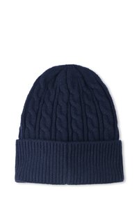 Berretto lavorato a maglia blu navy con una texture a treccia nella parte superiore e un risvolto a coste nella parte inferiore. Realizzato in un morbido materiale a maglia.