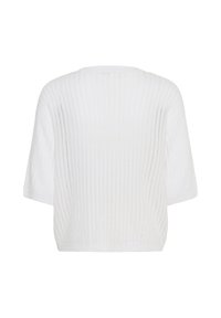 Top en maille blanche à manches courtes avec texture côtelée verticale, vu de dos sur fond uni. Aucun motif ni logo visible.