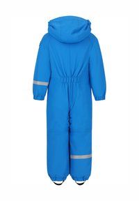 Blauwe waterdichte overall met een capuchon, elastische taille en reflecterende strepen. Heeft lange mouwen en enkelbanden voor een veilige pasvorm.