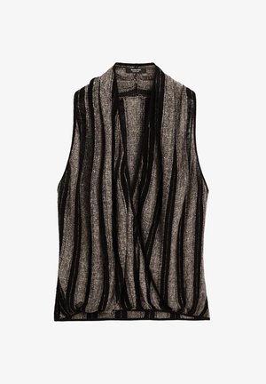 Ärmelloses Oberteil in Schwarz und Grau mit gestreiftem Muster und weicher Textur, das vertikale Linien und ein drapiertes Frontdesign aufweist.