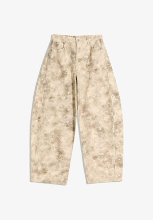 Beige and brown patterned wide-leg pants with a high waist, featuring two front pockets and a button closure. Textured fabric.