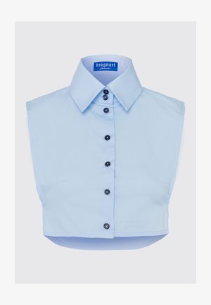 Light blue cropped shirt with a classic collar, seven black buttons down the front, and no sleeves, made from smooth fabric.