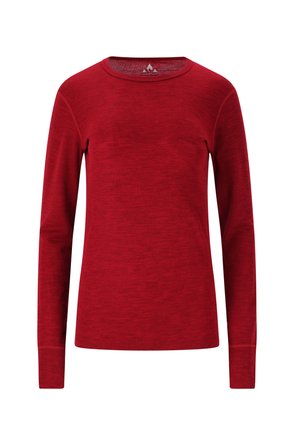 Red long-sleeve shirt made of a textured fabric, featuring a round neckline and smooth stitching along the cuffs and hem.