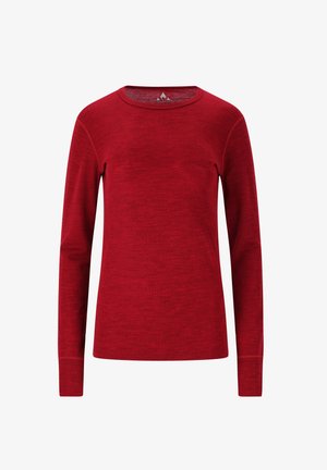 Rød langærmet skjorte lavet af et struktureret stof, med en rund halsudskæring og glatte sømme langs manchetterne og kanten.