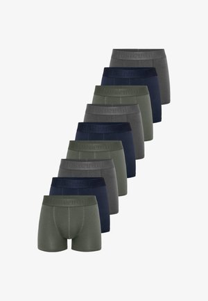 Boxer shorts set in dark green, navy, and gray hues. Made of soft fabric with an elastic waistband featuring embossed logo detail.