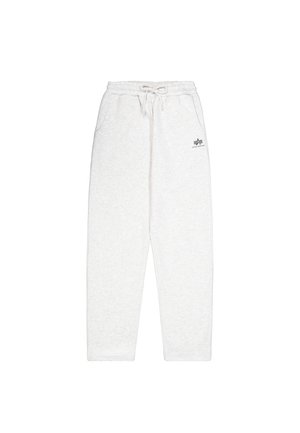 Light gray sweatpants made of soft fabric, featuring an elastic waistband with drawstring, side pockets, and a small logo on the front.