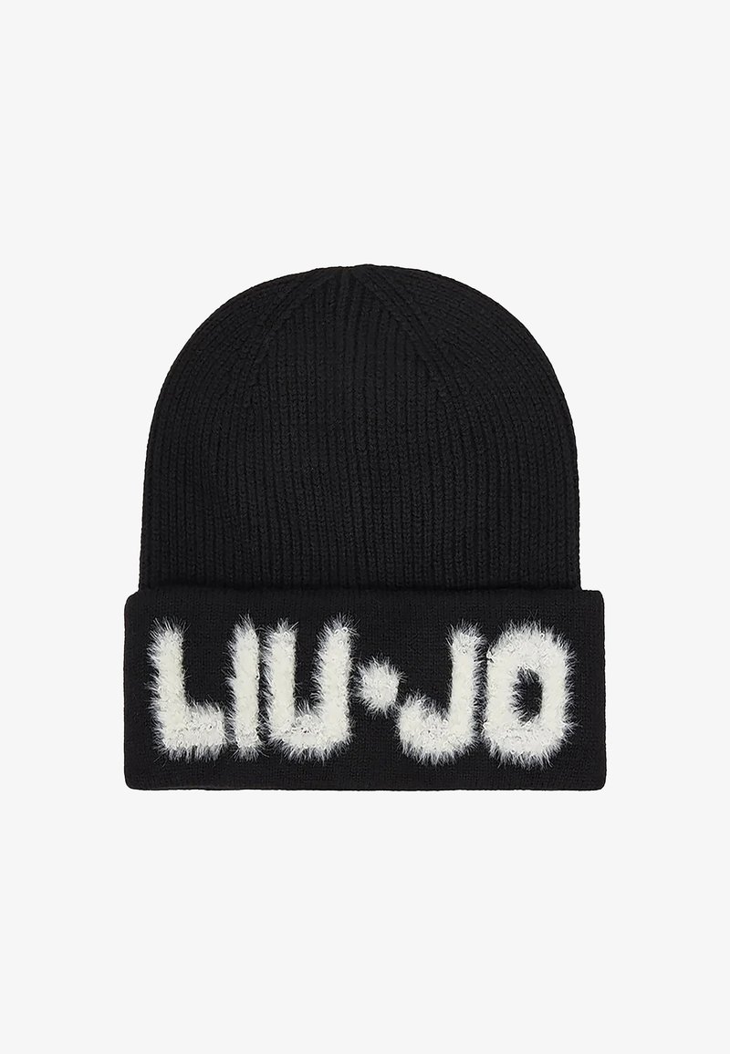 Berretto a coste nero con risvolto, caratterizzato da lettere bianche pelose che spellano "LIU·JO" sul davanti.