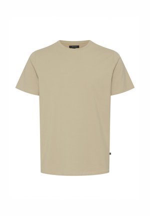 Beige Baumwoll-T-Shirt mit Rundhalsausschnitt und kurzen Ärmeln. Es hat einen geraden Schnitt und ein kleines Markenetikett an der unteren linken Seite.