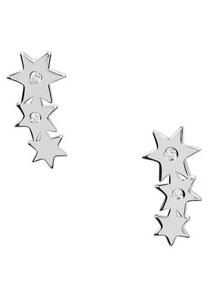 Silberohrringe in Form von drei übereinander gestapelten fünfzackigen Sternen, jeder Stern mit einem kleinen runden, klaren Edelstein in der Mitte.