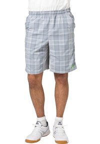 Gray plaid shorts with an elastic waistband, side pockets, and a small green logo accent. Made from lightweight, breathable material.