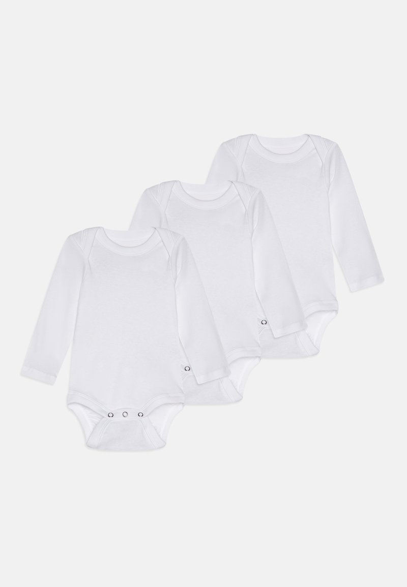 Tre langeermede hvite babybodyer laget av myk bomull, med trykknapper nederst og åpninger på skuldrene for enkel bytte.