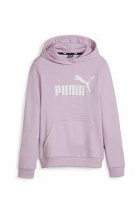 Gaiši rozā kapuce, izgatavota no kokvilnas maisījuma auduma, ar priekšējo kabatu, ribotām piedurknēm un lielu balto PUMA logo uz krūšu.