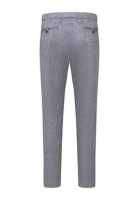 Grau gemusterte Hose mit Slim Fit, ausgestattet mit einem dezenten Karomuster, zwei Gesäßtaschen und einem Knopfverschluss an der Taille.