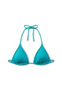 Bikini w górnej części w kształcie trójkąta w kolorze teal, z fakturowanym wzorem zebry, z wiązaniami na szyi i regulowanymi paskami z boku. Miękka tkanina, lekko błyszczące wykończenie.