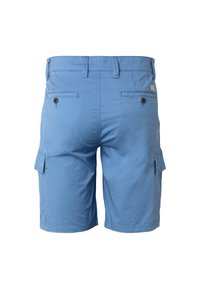 Shorts cargo pour hommes bleu clair avec passants pour ceinture, poches arrière à boutons et poches latérales à rabat, vus de dos.