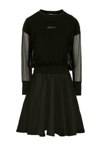 Czarna sukienka DKNY z przezroczystymi, długimi rękawami, prążkowanymi mankietami i rozkloszowanym dołem, z okrągłym dekoltem i logo na piersi.