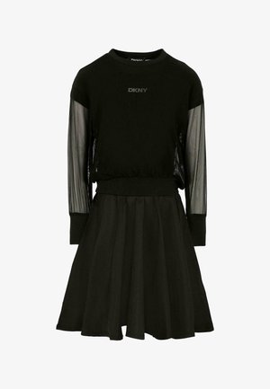 Czarna sukienka DKNY z przezroczystymi, długimi rękawami, prążkowanymi mankietami i rozkloszowanym dołem, z okrągłym dekoltem i logo na piersi.