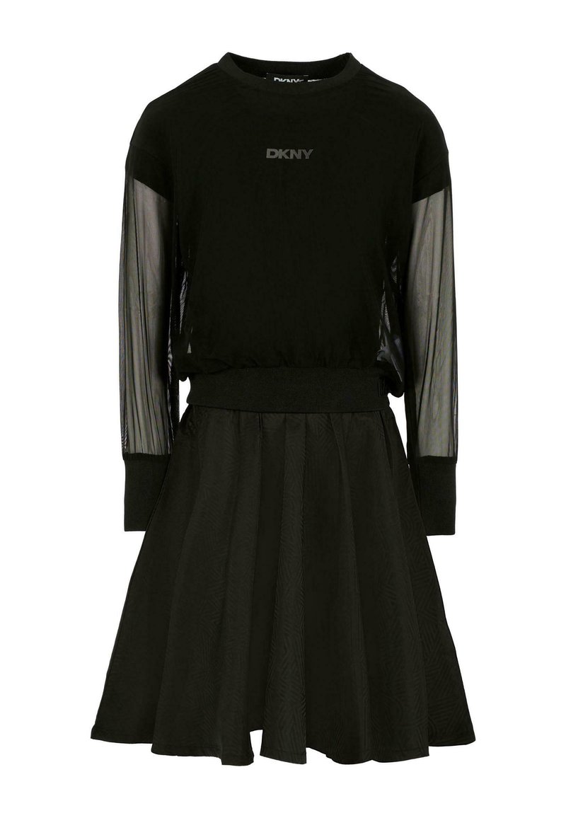 Czarna sukienka DKNY z przezroczystymi, długimi rękawami, prążkowanymi mankietami i rozkloszowanym dołem, z okrągłym dekoltem i logo na piersi.
