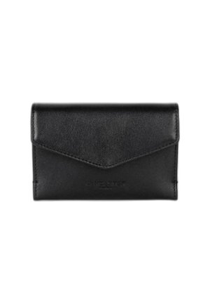Zwarte leren portemonnee met een envelop-flap ontwerp, gladde textuur, verhoogd logo in het midden onderaan en gestikte randen.