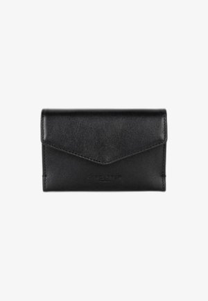 Portefeuille en cuir noir avec un design à rabat en forme d'enveloppe, texture lisse, logo en relief au centre inférieur et bords cousus.