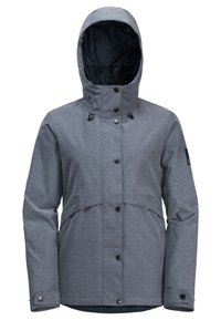 Grijze, waterdichte jas met een vaste capuchon, drukknopen aan de voorkant en zijzakken. Heeft een polyester buitenkant en een gewatteerde voering.