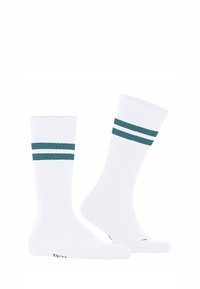 Weiße Socken mit geripptem Textur, die oben tealfarbene horizontale Streifen aufweisen. Auffälliges Detail: Logo auf der Sohle gedruckt.