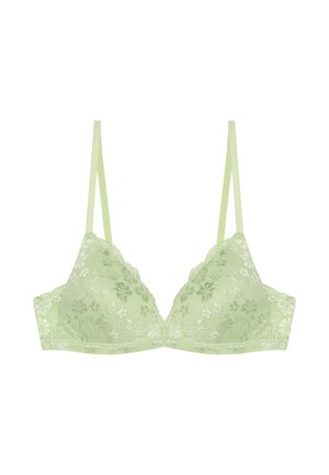 Lichtgroene kanten beha met bloemmotieven, verstelbare dunne bandjes en gevoerde cups, weergegeven op een witte achtergrond.