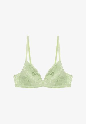 Hellgrüner Spitzen-BH mit floralen Mustern, verstellbaren dünnen Trägern und gepolsterten Cups, auf weißem Hintergrund dargestellt.