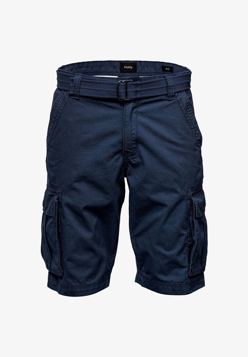 Marineblaue Cargo-Shorts aus leichtem Stoff, mit mehreren Seitentaschen, einem Gürtel mit gewebter Textur und gestickten Details.