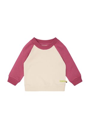 Felpa con maniche raglan in crema e bordeaux, realizzata in morbido tessuto con polsini e orlo a coste. Include un piccolo tag logo verde.