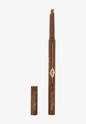 Charlotte Tilbury brow pencil in brown. Features a slight triangular tip, matte finish, and a twist-up design with a cap for easy storage.