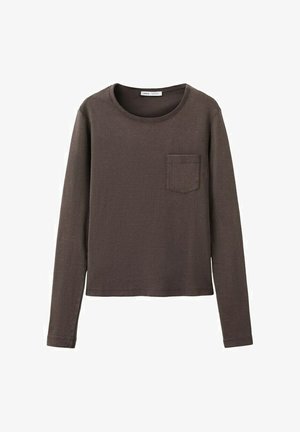 Brown long-sleeve knit shirt with round neckline and chest pocket, laid flat on a white background.
