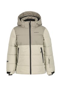 Chaqueta acolchada beige con una sección superior gris en contraste, cierre frontal con cremallera, dos bolsillos laterales y capucha ajustable. Fabricada en material sintético.