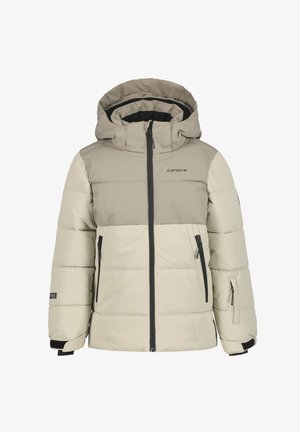 Beige vadderad jacka med en kontrasterande grå övre sektion, framdragkedja, två sidofickor och en justerbar huva. Tillverkad av syntetiskt material.