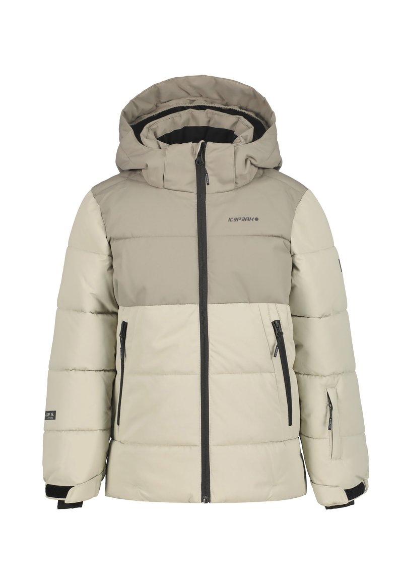 Chaqueta acolchada beige con una sección superior gris en contraste, cierre frontal con cremallera, dos bolsillos laterales y capucha ajustable. Fabricada en material sintético.