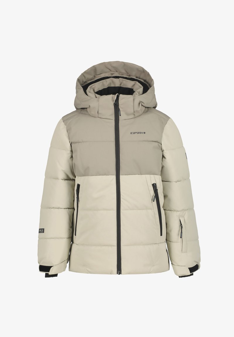 Beige polstret jakke med en kontrastfarvet grå overdel, frontlynlås, to sidelommer og en justerbar hætte. Fremstillet af syntetisk materiale.