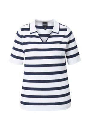 Polo in maglia bianca a maniche corte con righe orizzontali blu navy e colletto a scalfatura.
