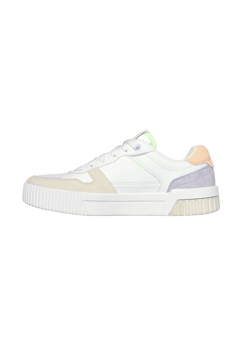 Białe sneakersy z zamszowymi akcentami w odcieniach beżu, lawendy i brzoskwini. Gumowa podeszwa z teksturowym gripem. Sznurowadła i minimalistyczny design.