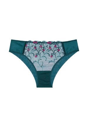 Culotte en dentelle teal ornée de broderies florales roses, avec un panneau en maille semi-transparente et des côtés en teal uni, affichant un design de culotte classique.