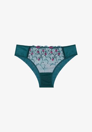 Culotte en dentelle teal ornée de broderies florales roses, avec un panneau en maille semi-transparente et des côtés en teal uni, affichant un design de culotte classique.