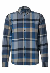 Camicia a quadri blu con bottoni, maniche lunghe, caratterizzata da diverse tonalità di blu, grigio e nero. Materiale in cotone con colletto classico.