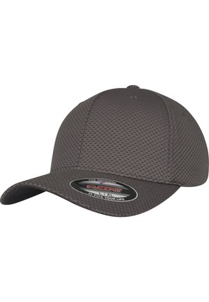 Casquette de baseball grise en tissu texturé, visière incurvée, avec un label Flexfit noir à l'avant. Ne présente aucun motif ni accent visible.