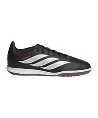 Μαύρο αθλητικό παπούτσι Adidas Predator με λευκές ρίγες, σχέδιο με κορδόνια και καφέ υφασμένο πέλμα, εμφανίζεται από την εξωτερική πλευρά.