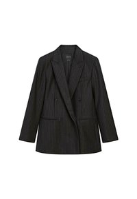 Blazer doppiopetto a righe nere con rever a punta, due tasche frontali e una vestibilità strutturata. Il tessuto appare liscio e texture.