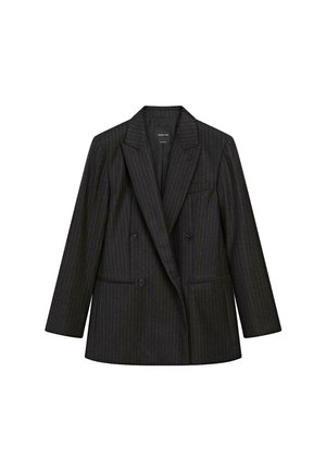 Blazer double boutonnage à rayures noires avec revers, deux poches avant et une coupe structurée. Le tissu semble lisse et texturé.