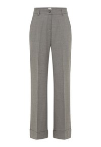 Grijze op maat gemaakte broek in lichtgewicht stof, met een rechte snit, een knoopsluiting in de taille en opgerolde zomen. Glad oppervlak met een subtiel patroon.