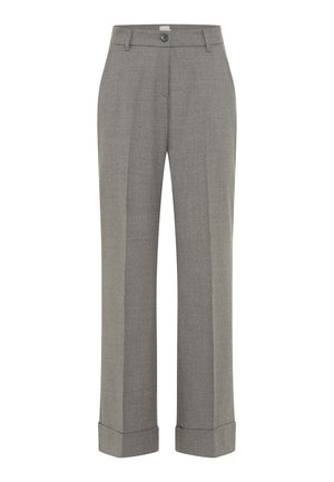 Grijze op maat gemaakte broek in lichtgewicht stof, met een rechte snit, een knoopsluiting in de taille en opgerolde zomen. Glad oppervlak met een subtiel patroon.